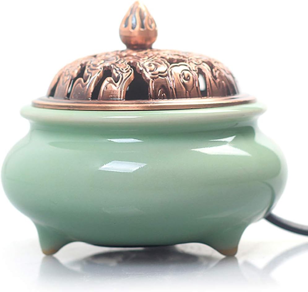 Ceramic Home Decration Incense Sticks or Burner Porcelain Incense Holder,Censer Aroma Diffuser with Adjustable Timer,Copper Cover Holders,Daily Aromatherapy Necessities for Office