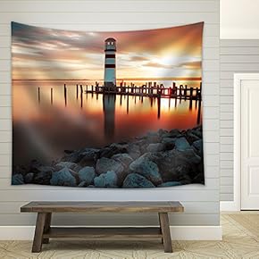 Landscape Ocean Sunset - Lighthouse - Fabric Wall Tapestry Home Decor - 51x60 inches