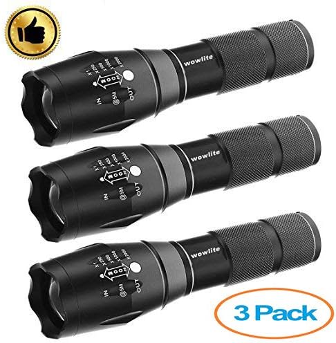 3Pcs Tactical Flashlight, Wowlite 1600 LM Ultra Bright - CREE XML T6 LED Taclight As Seen On Tv with 5 Light Modes and Adjustable Focus for Emergency Camping Hiking