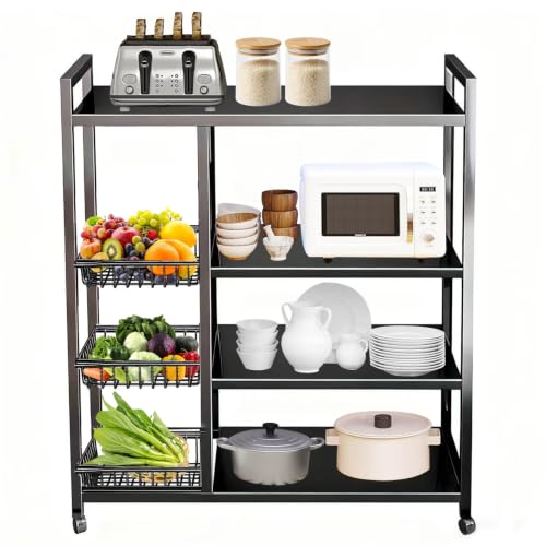 Beauenty 4-Tier Kitchen Storage Shelf Unit, Rolling Utility Cart with 3 Pull-Out Baskets, Metal Vegetable Stand for Kitchen Pantry, Snacks Onion Fruit Storage Shelf