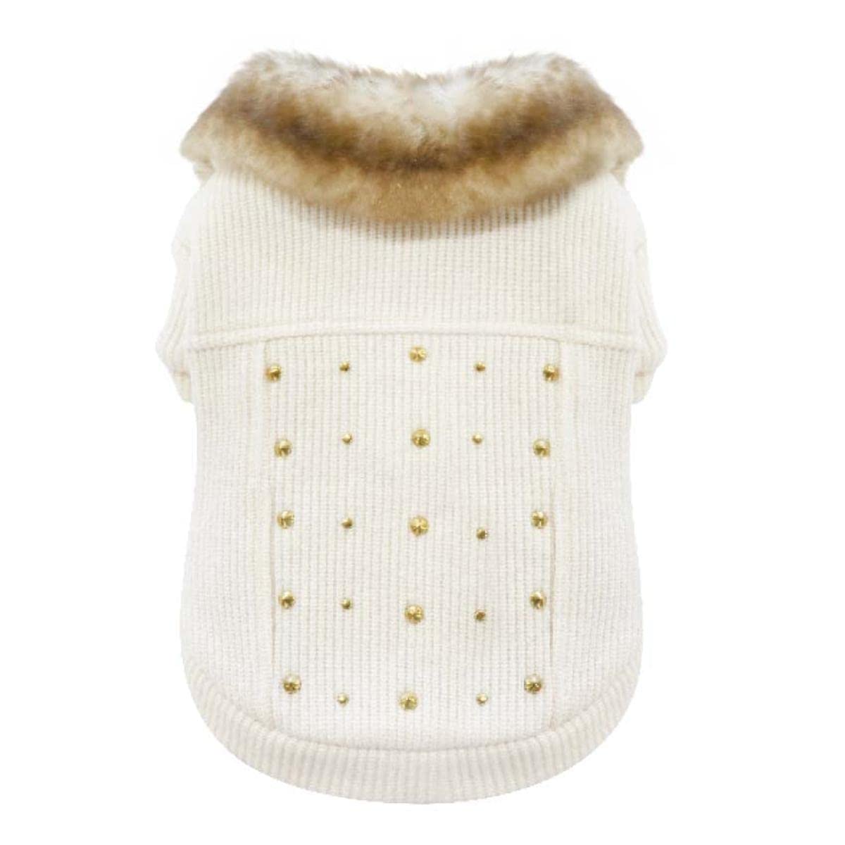 Croci Sweatshirt For Dogs Gold Studs, Back Size 30 Cm, Lined And Adjustable With Velcro Closure, With Elastic And Hole For Leash And Harness, White Color
