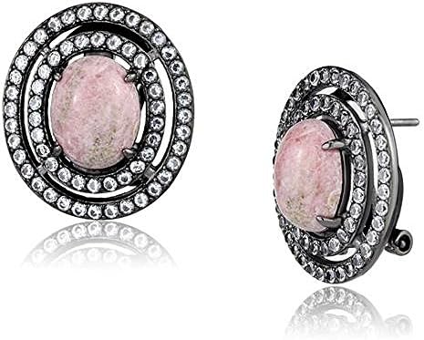 10, 8 MM Light Rose Oval Semi-Precious Coral Earring Stud, Stainless Steel, IP Light Black (IP Gun)