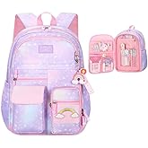 Heart Star Print Purple Girls Backpack for Elementary School Kids Bookbag with Chest Buckle Rainbow Backpack with Multi-Pockets