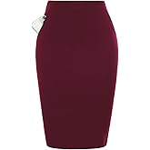 Kate Kasin Womens Knee Length Elastic Waist Basic Stretchy Bodycon Business Pencil Skirt