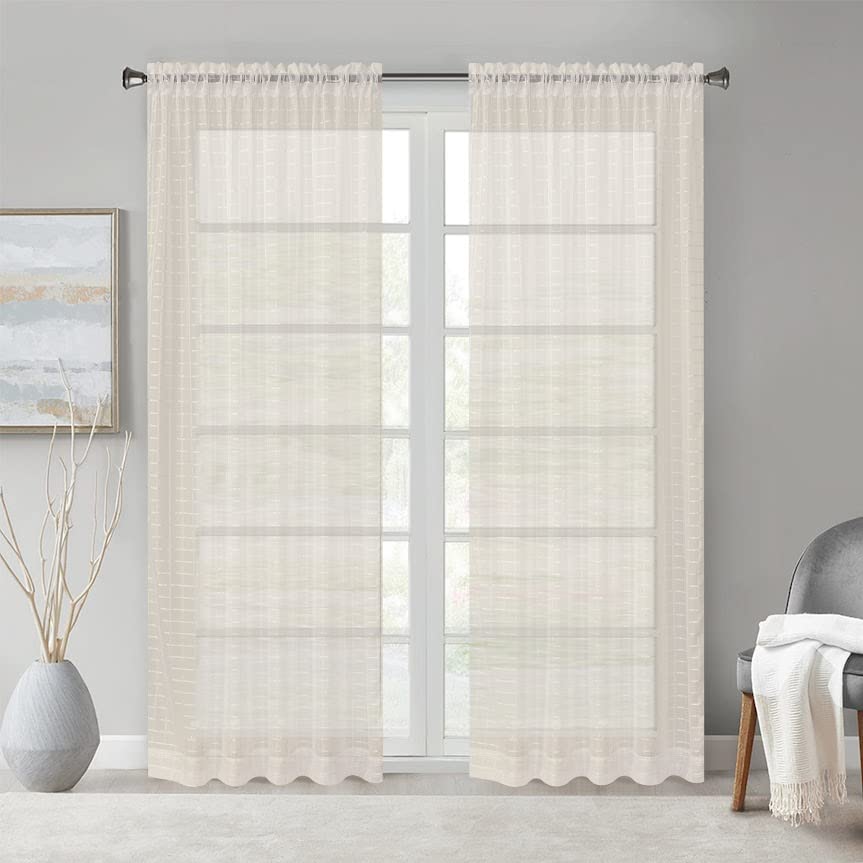Megachest a pair of sheer IVY checkered pattern voile curtain with tie backs (Mink,W 56" x L 90" (2 Panels))