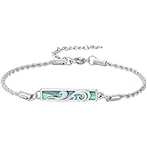 Qyvit Waves/Tree of Life/Mushrooms/Moon Phase/Butterfly/Hummingbird Bracelet/Anklet 925 Sterling Silver Adjustable Abalone Shell Bar Bracelet/Anklet Summer Jewelry Gifts for Women