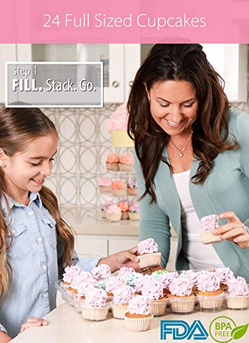 (24 Pack x 4 Sets) STACKnGO Carrier Holds 24 Standard Cupcakes - Strongest Cupcake Boxes, Tall Dome Detachable Lid, Clear Plastic Disposable Containers, Storage Tray, Travel Holder, Regular Muffins