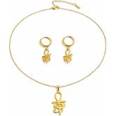 JWIGP Gold Ankh Necklace and Earrings Set, Eye of Horus Egyptian Jewelry for Women, Stainless Steel Protection Amulet Pendant, Spiritual Witchy Gifts for Her