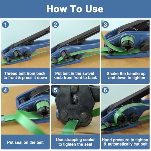 Strapping Tool Kit 4-in-1 PET/PP Handy Baler Packing Strap Tensioner, Heavy Duty Manual Pallet Packaging Strapping Banding Cutter with Tensioner Sealer, 250M Belt, 100 Metal Seals for Hose Clamp Cable