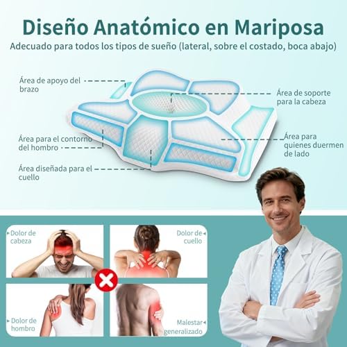 Almofada cervical e cervical, almofada cervical de espuma viscoelástica, almofadas anti-ronco para dormir de lado, costas e abdómen, 60x36x11/13cm, branca