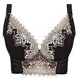 Sungpunet Womens Lace Embroidery Side Support Extreme Deep Plunge Push Up Longline Bra, Black 36B