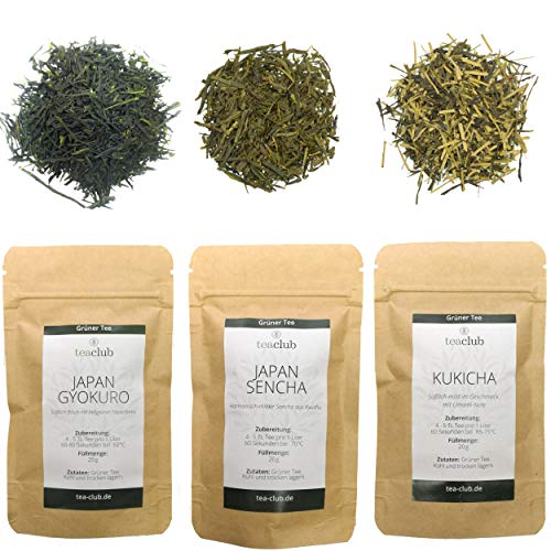 Japanischer Grüner Tee Lose Probierset Geschenkset 3x 20g, Signature Premium Grüntee Japan Sencha Gyokuro Kukicha, Japanese Green Tea TeaClub
