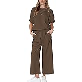 Women's 2 Piece Outfits Lounge Sets Summer Textured Batwing Sleeve Pullover Tops Wide Leg Pant Set