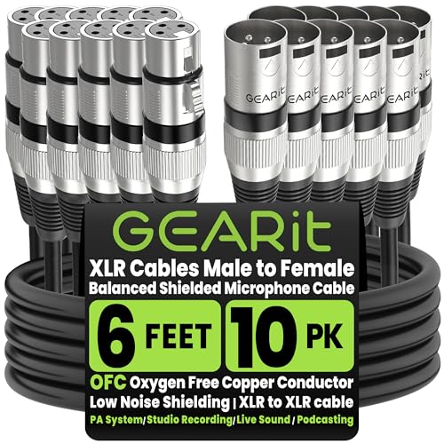 GearIT XLR auf XLR Mikrofonkabel (1.8 m, 10er-Pack) XLR Stecker auf Buchse Mikrofonkabel 3-polig, symmetrisch, geschirmtes XLR-Kabel für Mikrofon-Mixe