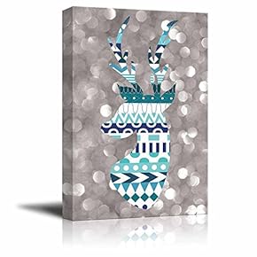 Teal Deer Silhouette with zentagle Patterns on a Silver Colored Bokeh Background - Canvas Art Home Art - 12x18 inches