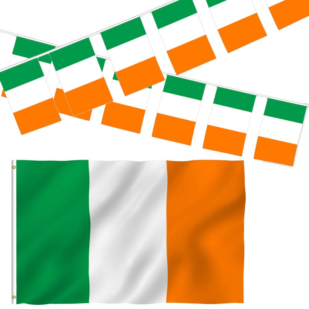 St Patricks Day Decorations, St Patrick's Day 5ft x 3ft Flag with Eyelets and 5M Flag Banner St.Patrick's Day Shamrock Flag Happy Irish Celebration Bar Party Home Outdoor Garden Decor