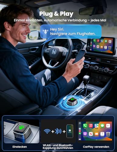 Wireless CarPlay Adapter for Apple 2026 Upgrade, Wired to Wireless CarPlay, USB & Type-C Dual Port, Plug & Play, Mini & Stable, Compatible with iPhone iOS 10+/Android Car, Over 1K+ Car Models from 2016