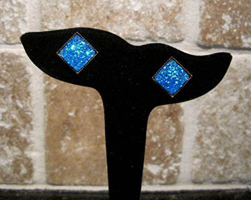 Blue Geometric Square Shaped Flat Faux Druzy Stud Earrings 12mm Statement Antiqued Gold-tone