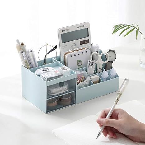 Amazon 化粧品収納ボックス 引き出し メイクボックス 化粧品収納ラック 化粧品ケース メイクボックス コスメボックス 小物入れ 卓上収納 安定 シンプル コスメ収納 大きな置き場 まとめ収納 櫛置き場 ブルー コレクションケース オンライン通販