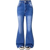 Nivne Tco Tween Girls Flared Jeans Zipper Fly Bell-Bottom Elastic Waist Denim Pants with Five Pockets
