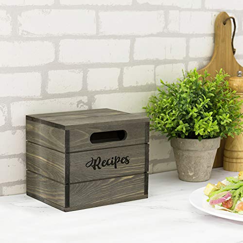 MyGift Vintage Gray Solid Wood Recipe Card Holder Box with Burnt Wooden Label Divider Tabs