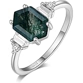Angol Natural Moss Agate Ring 925 Sterling Silver Engagement Promise Rings for Women Birthday Mother's Day Jewelry Gift (10, Silver)