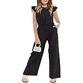 Haloumoning Girls Jumpsuit Kids Fashion Cap Sleeve Belted Wide Leg Romper One Piece Summer Outfits
