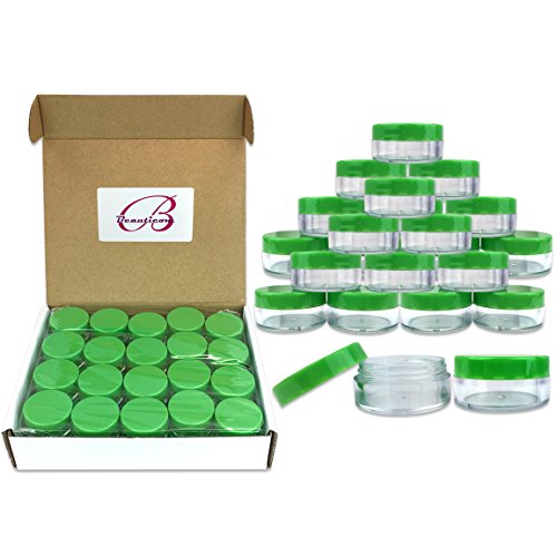 (Quantity: 40 Pieces) Beauticom 10G/10ML Round Clear Jars with GREEN Lids for Scrubs, Oils, Salves, Creams, Lotions, Liquid, Powder, Glitter, Sample Products - BPA Free
