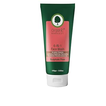 Organic Harvest 6-in-1 Face Wash (Oil Control, Cleansing, Lightening & Brightening, Rejuvenating, Nourishing, Moisture), ECOCERT & PeTA Certified, Paraben & Sulphate Free - 100ml