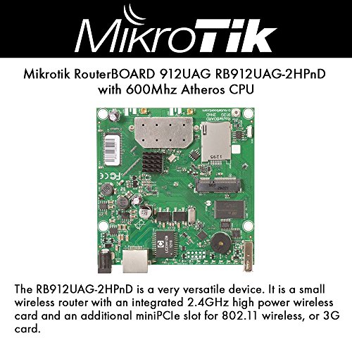 MikroTik - RB912UAG-2HPND - RouterBOARD 912UAG with 600Mhz Atheros CPU, 64MB RAM, 1xGigabit LAN, USB, miniPCIe, builtin 2.4Ghz 802.11b/g/n 2x2 two chain wireless, 2xMMCX connectors, RouterOS L4.