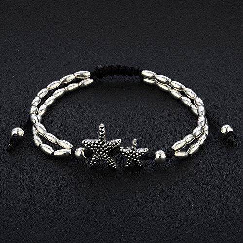 Zealmer Layered Starfish Anklet Boho Vintage Barefoot Anklet Bracelet Beach Sandal Feet Chain Jewelry Silver Color with Black Rope
