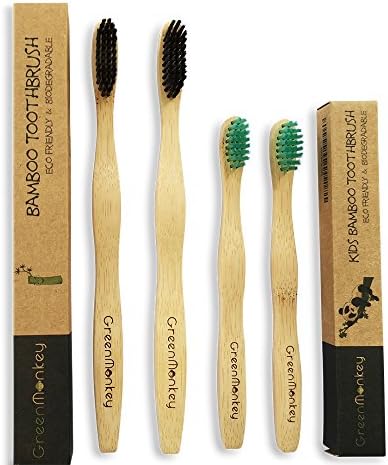 Bamboo Toothbrush - Natural Organic Wooden Eco Friendly 100% Biodegradable Recyclable Tooth Brush - Environmentally Friendly 100% (Family Pack x 2 Adult x 2 Kids)