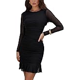 firfig Women's Sexy Ruched Bodycon Mini Dress Mesh Long Sleeve Ruffle Hem Club Cocktail Party Short Dresses