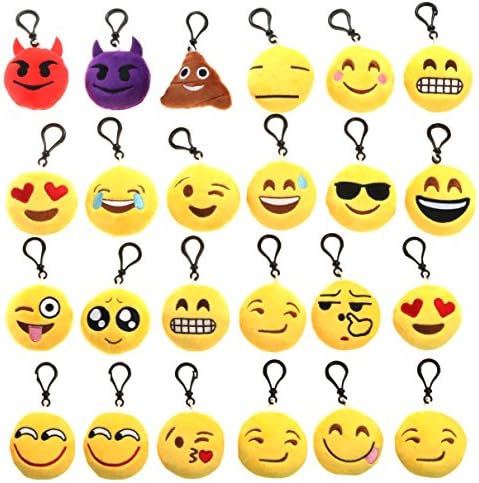 Petite Emoji | 24 pcs Emoji Keychains Emoji Mini Plush Pillows Keychain Decorations for Kids Adult Party Supplies Goody Treat Bag For Classmates Cute Emoticon Rewards | Various Color | 1606