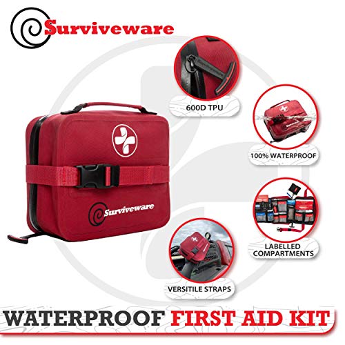 Surviveware Waterproof Premium First Aid Kit for Cars, Boats, Trucks, Hurricanes, Tropical
