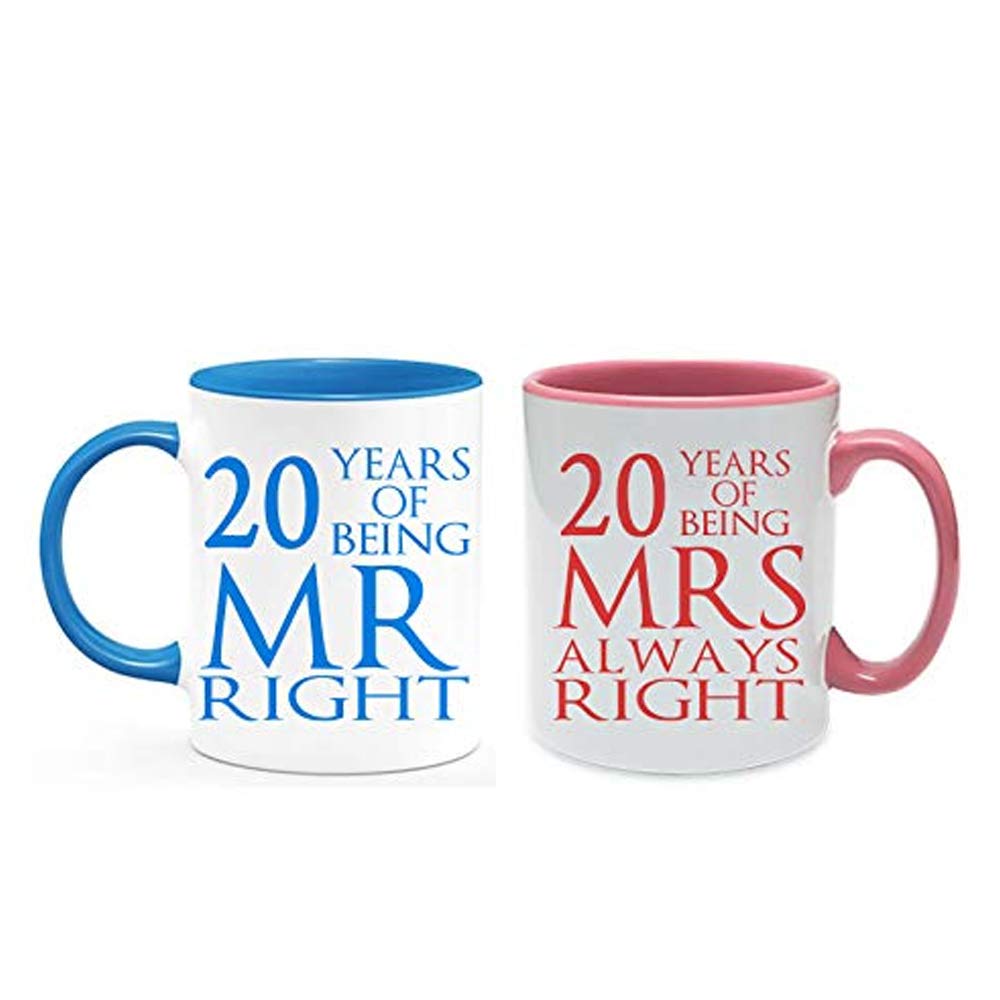 Getagift China Anniversary 20 Years of Being Mr Right & Mrs Always Right Set of 2 Wedding, Valentines Day, Coloured Couple Mug Set. (20 Years)
