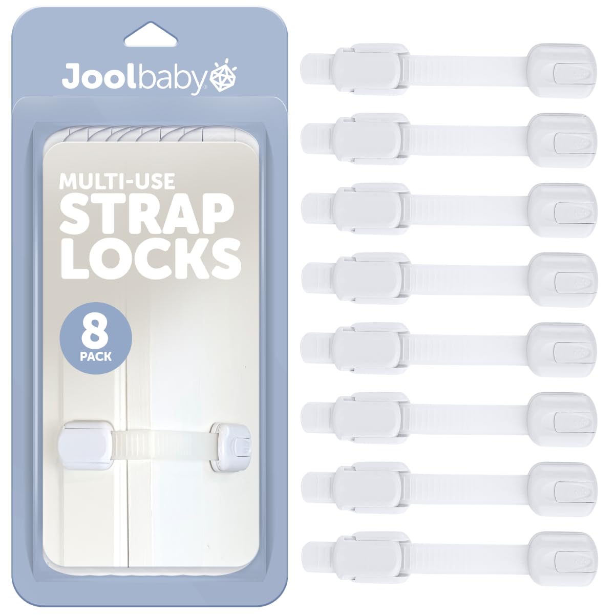 Jool Baby Products Child Safety Strap Locks for Cupboards, Fridge, Cabinets, Drawers, Dishwasher, Toilet, 3M Adhesive No Drilling (Pack of 8)