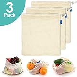 Reusable Produce Bags, Organic Cotton Mesh Bags for Grocery Shopping and Storage with Tare Weight on Tags, Double-Stitched Seams, Machine Washable, Biodegradable, Eco-Friendly, Set of 3 Medium