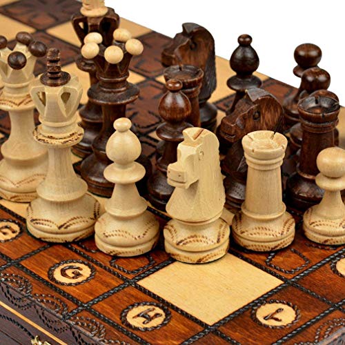 Wegiel Handmade Junior European International Chess Set - 16 Inch Folding Wooden Board & Pieces - Thumbnail 2