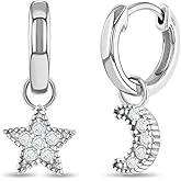 925 Sterling Silver Celestial Clear Cubic Zirconia Moon & Star Dangle Hoop Earrings For Young Girls and Preteens 12mm - CZ Earrings for Star Gazing Little Girls