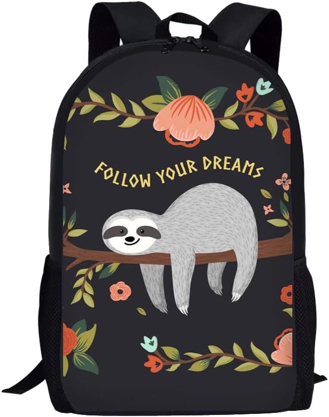 Showudesigns Children Schoolbag Kids Bookbag Floral Sloth "Follow Your Dreams" Girls Boys School Backpack Zipper