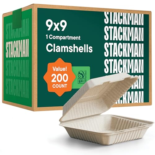 [Bulk - 200-Count] 100% Compostable to Go Containers 9x9