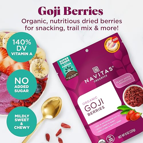 Navitas Organics Goji Berries – For Smoothies, Trail Mix, Baked Goods, Oatmeal & More – Vitamin A, Antioxidants, Fiber – Wolfberry - USDA Organic, Non GMO, Gluten Free, Vegan (16oz. Bag, 15 Servings)