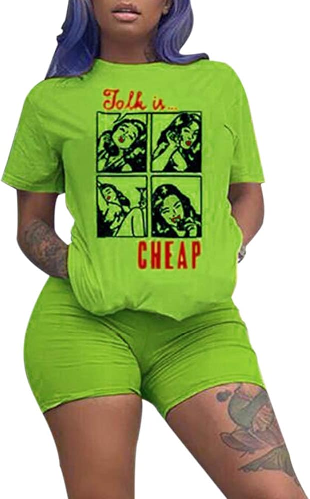 KIRJAUDU Women Casual 2 Piece Outfit Short Sleeve Cartoon Print T-Shirts Bodycon Shorts Set Jumpsuit Rompers