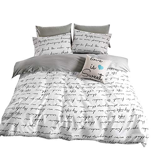 BuLuTu Love Letters Print Cotton Kids Duvet Cover Twin Set White Gray Premium Modern Teen Boys Girls Bedroom Bedding Sets Twin Comforter Cover Zipper Closure,Hotel Quality,NO Comforter