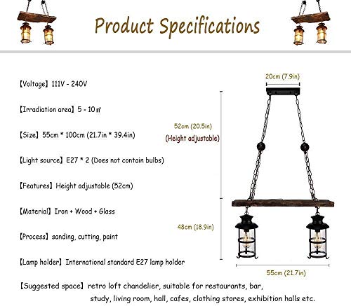Hanglamp E27 Pastorale Landelijke Stijl Hanglamp Retro Hout Zwart Glas Lampenkap Ijzeren Ketting in Hoogte Verstelbaar… - Afbeelding 8