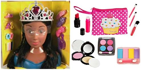 Kids Pretend Play Makeup Cosmetic Kit and Bright Polka Dotted Cosmetic Bag with The Pretty Princess Black, African American Styling Head
