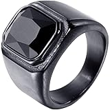 PMTIER Men's Stainless Steel Gold Plated Ring with Square Gemstone Blue Black