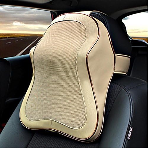 Memory Foam Car Office Seat Neck Supports , Leather Mesh Cloth Auto SUV Truck Headrest Home Chair Cervical Arched Rest Cushion ( Black Brown Beige ) , Beige