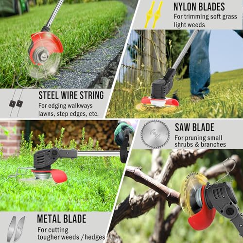 Electric Weed Wacker Grass Trimmer Cordless with 2 Battery Powered and Charger, 21V Battery Operated Weed Wacker, 5 Types 26Pcs Blade 3 in 1 Stringless Weed Trimmer Edger Brush Cutter for Lawn Garden